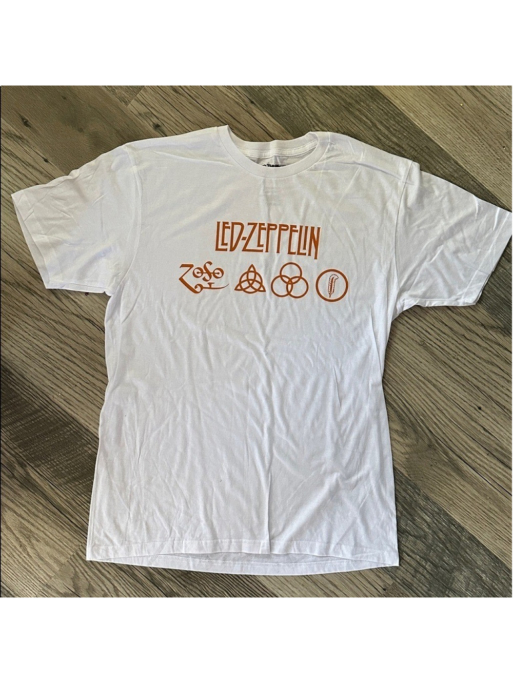 Led Zeppelin White Graphic orange letter short sleeve T-Shirt size large